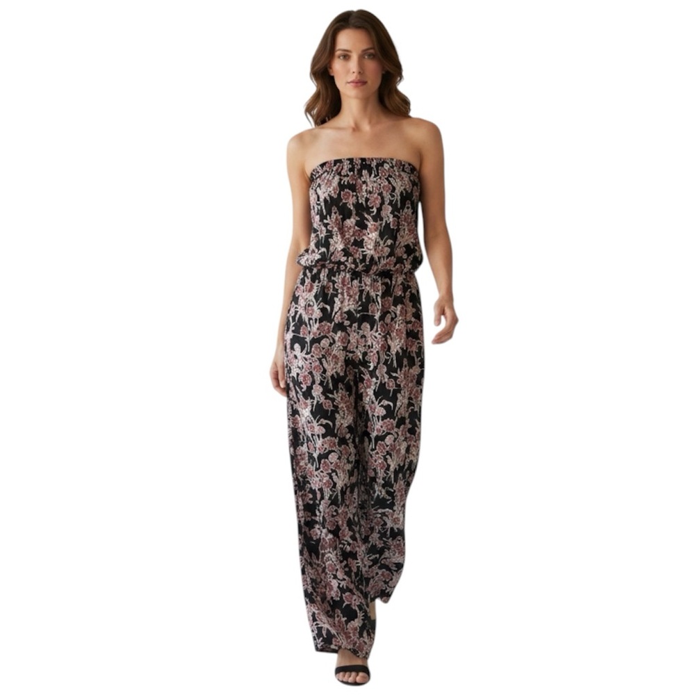 RoseVelvet Elegant Black & Blush Floral Strapless Jumpsuit Semi-Sheer Overlay L